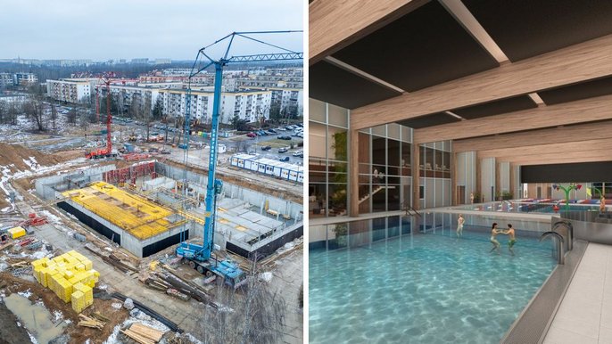 Łódź. Plac budowy Aquaparku Widzew i wizualizacja