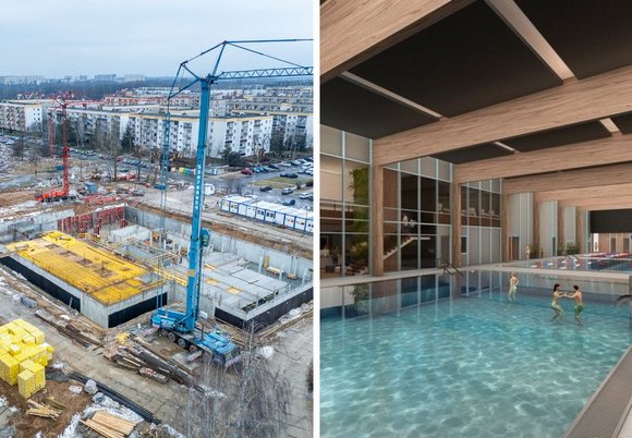 Łódź. Plac budowy Aquaparku Widzew i wizualizacja