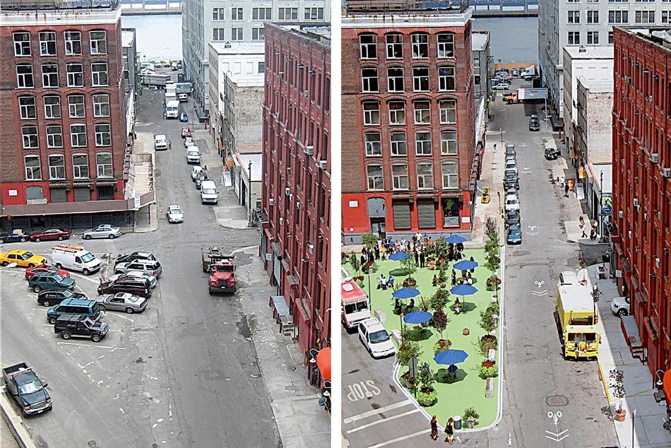 W procesie wprowadzania tymczasowych zmian w przestrzeni miejskiej wykorzystuje się ekonomiczne rozwiązania, które zapewniają oczekiwaną funkcjonalność. Na zdjęciu Pearl Street Plaza, Dumbo, NY3 przed i po wprowadzeniu tymczasowych zmian
