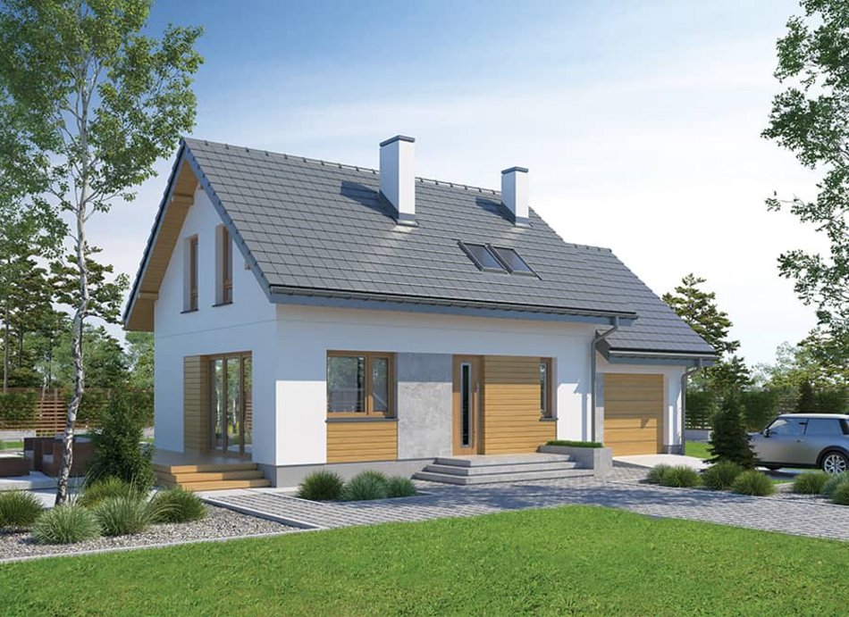 Zdjęcie białego domu z garażem z brązowymi oknami i szarym dachem. 