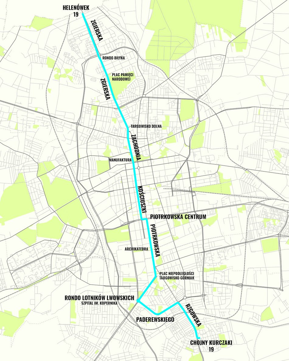 [Translate to Ukraiński:] MPK Łódź - trasa linii nr 19 - mapa