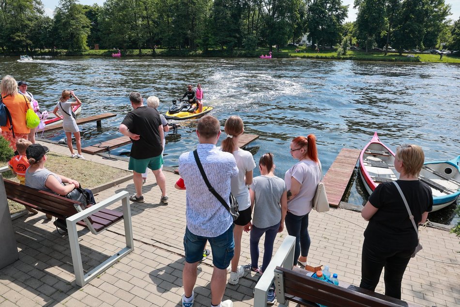 Łódź. Dzień Dziecka w parku na Młynku w Łodzi. Dmuchańce, alpaki i skutery wodne