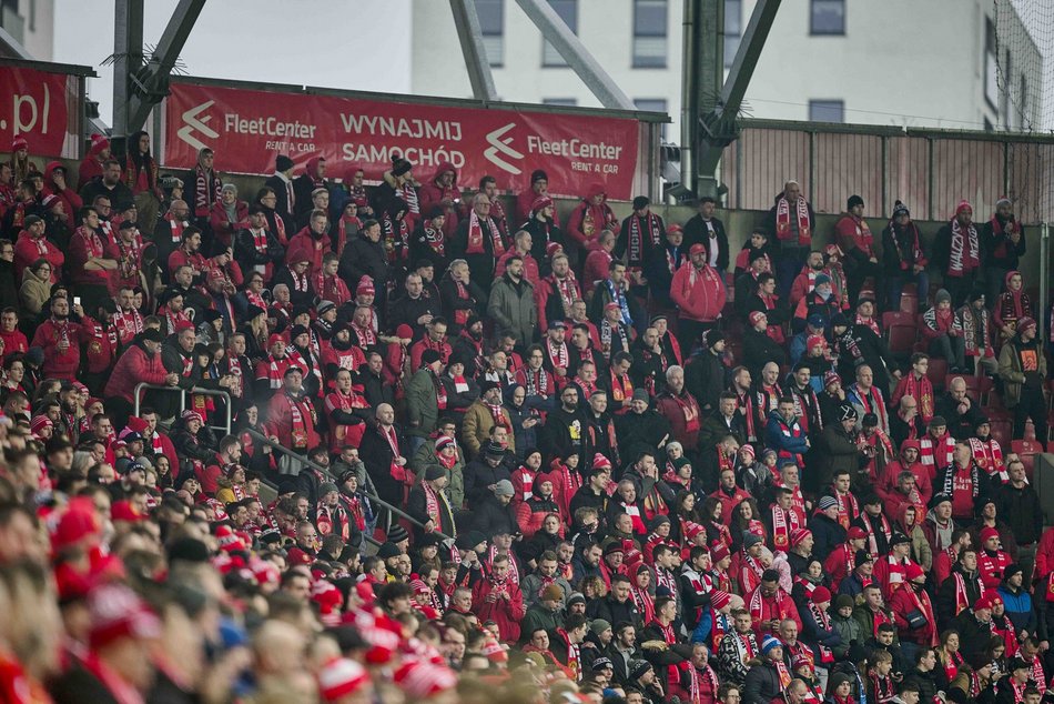 Kibice na meczu Widzewa Łódź z Jagiellonią Białystok
