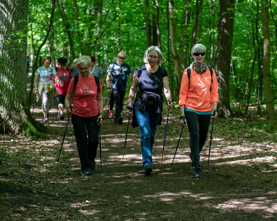 Seniorzy uprawiający nordic walking