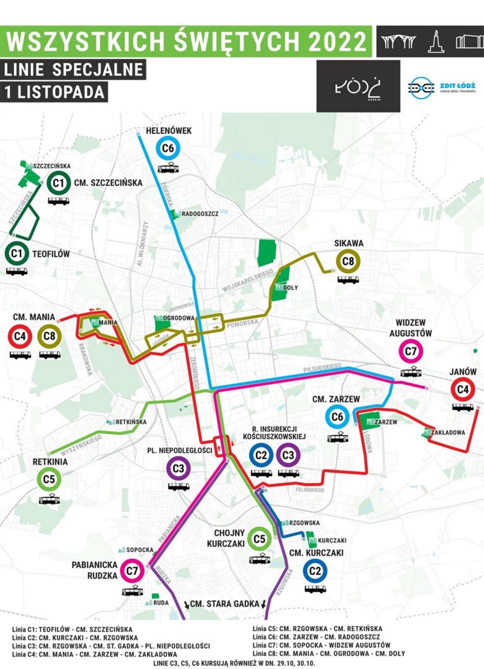 Wszystkich Świętych. Trasy MPK Łódź