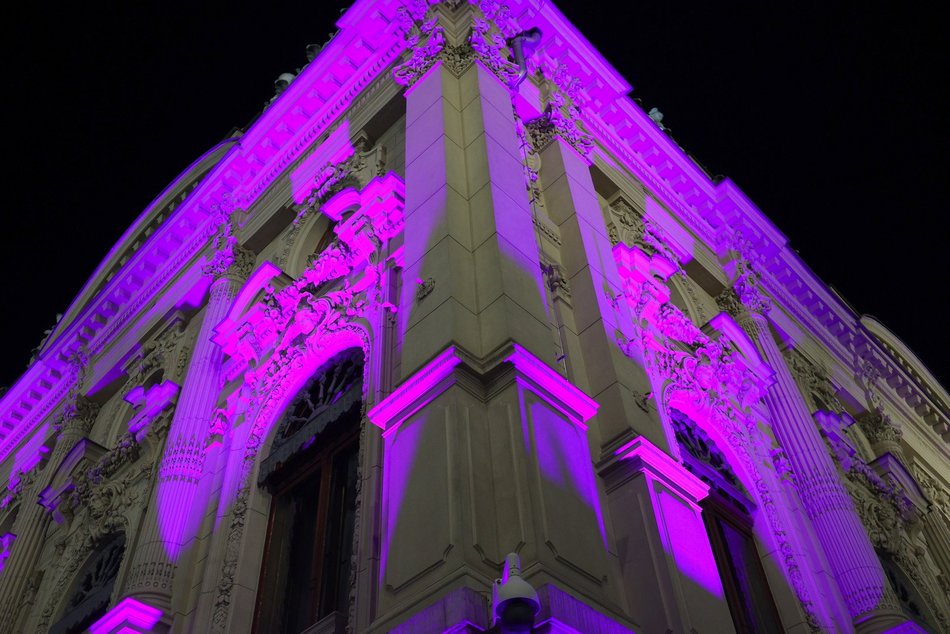 Łódź. Światowy Dzień Świadomości HPV w Łodzi. Pałac Poznańskiego w fioletowych barwach