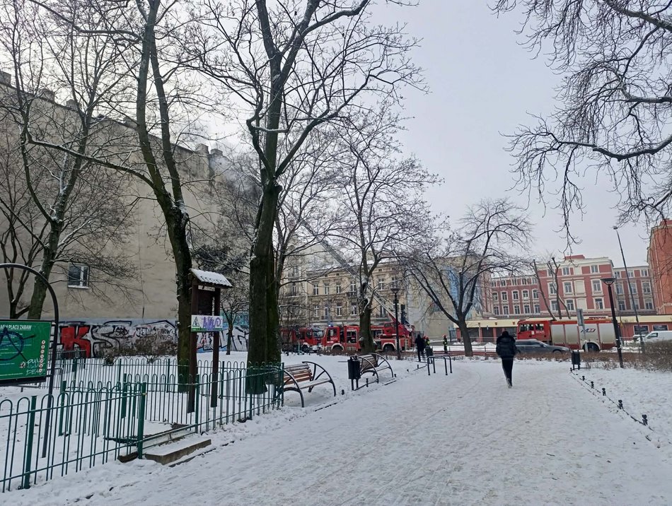 Łódź. Pożar kamienicy przy Kościuszki 22 w Łodzi. Trwa akcja straży pożarnej