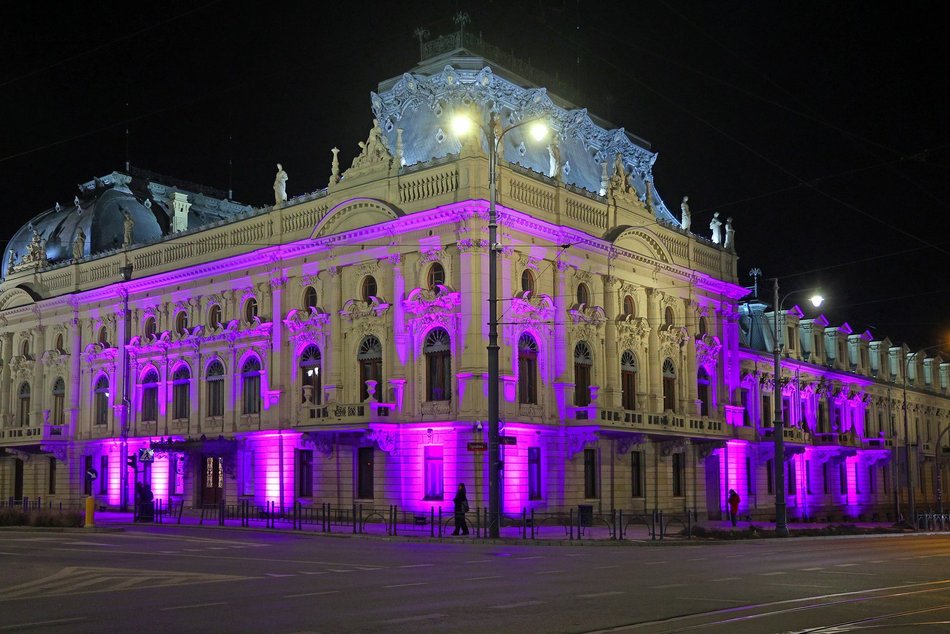 Łódź. Światowy Dzień Świadomości HPV w Łodzi. Pałac Poznańskiego w fioletowych barwach