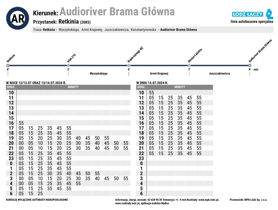 Rozkład jazdy linii specjalnej AR