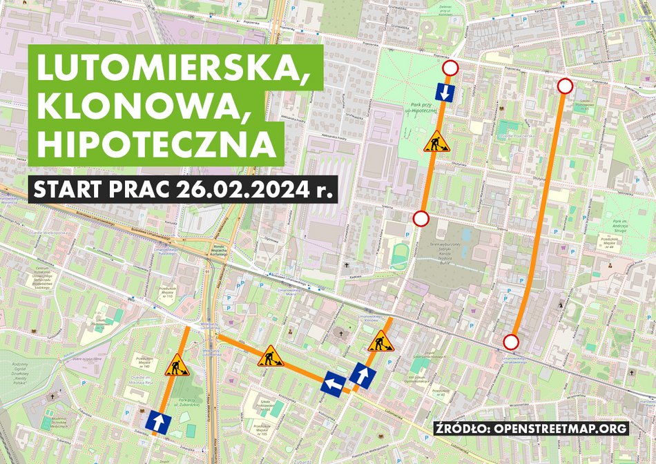 Zmiany w organizacji ruchu z powodu remontu Lutomierskiej, Klonowej i Hipotecznej - mapa