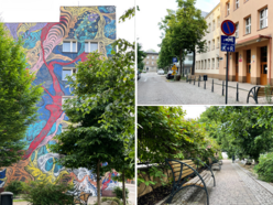Ulica Zacisze - mural, ławki, strefa "pocałuj i jedź"