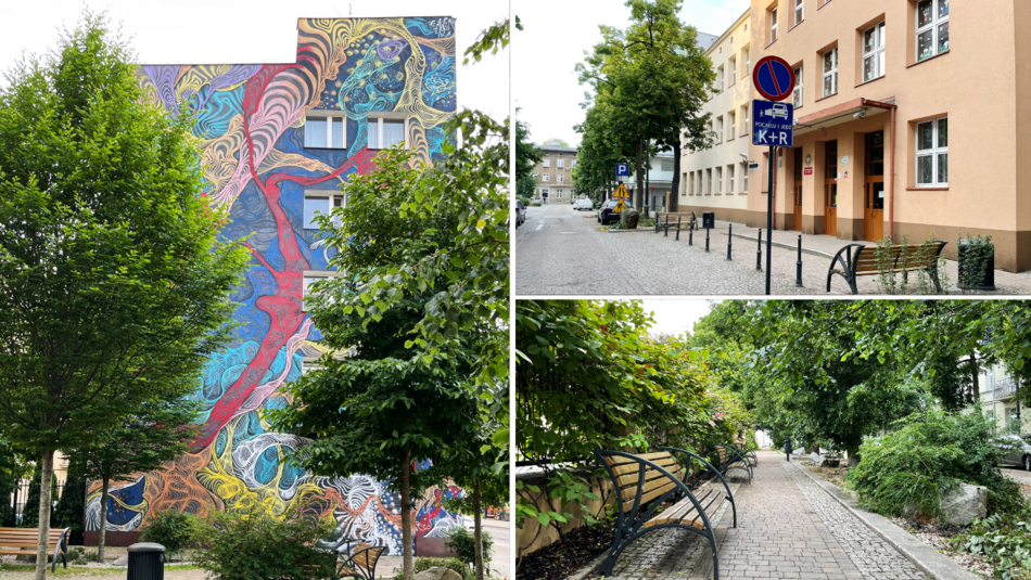 Ulica Zacisze - mural, ławki, strefa "pocałuj i jedź"