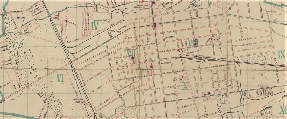 Mapa Łodzi z 1915 r. - zaznaczona skala wycinki drzew