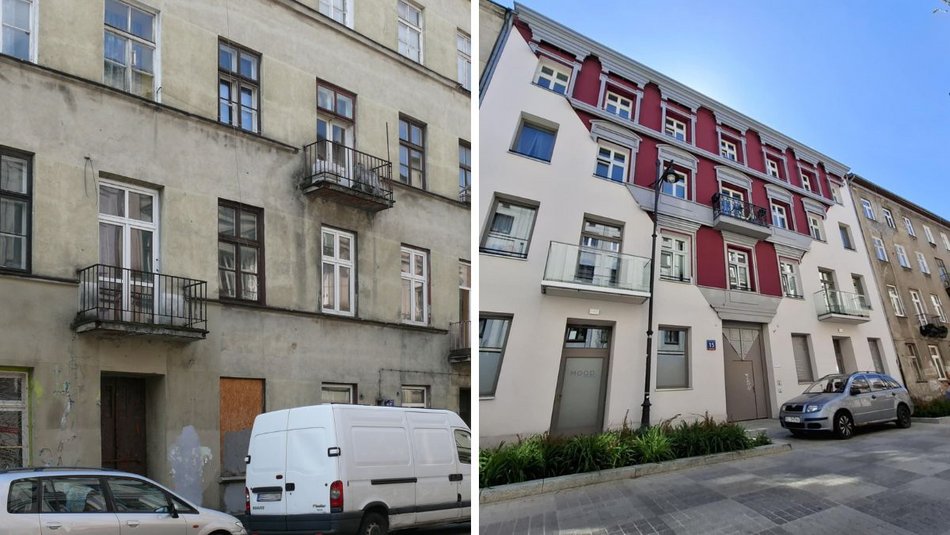 Kamienica przy ul. Włókienniczej 15 w Łodzi przed i po rewitalizacji