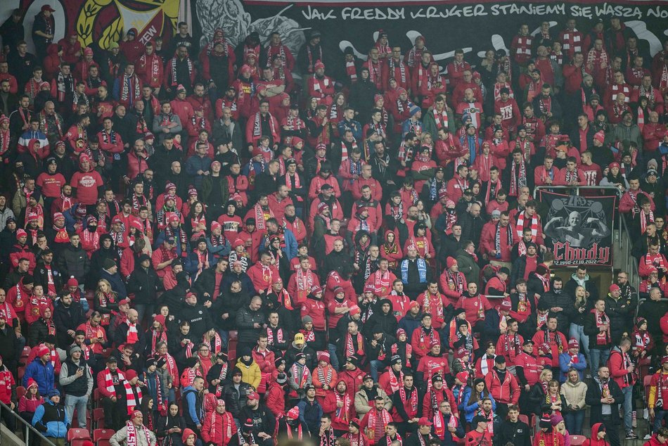 Kibice na meczu Widzewa Łódź z Jagiellonią Białystok