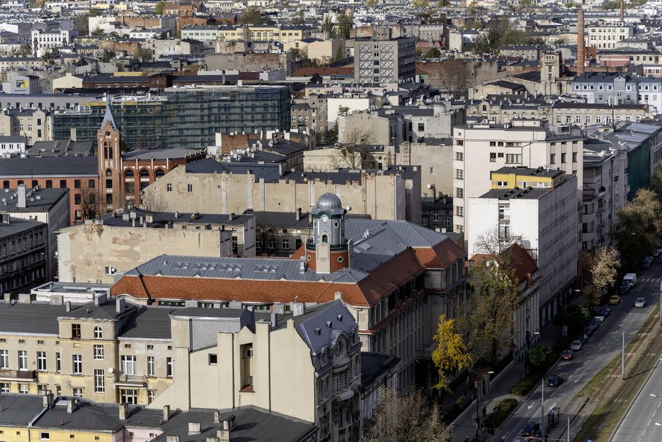 Łódź z lotu ptaka, panorama centrum Łodzi