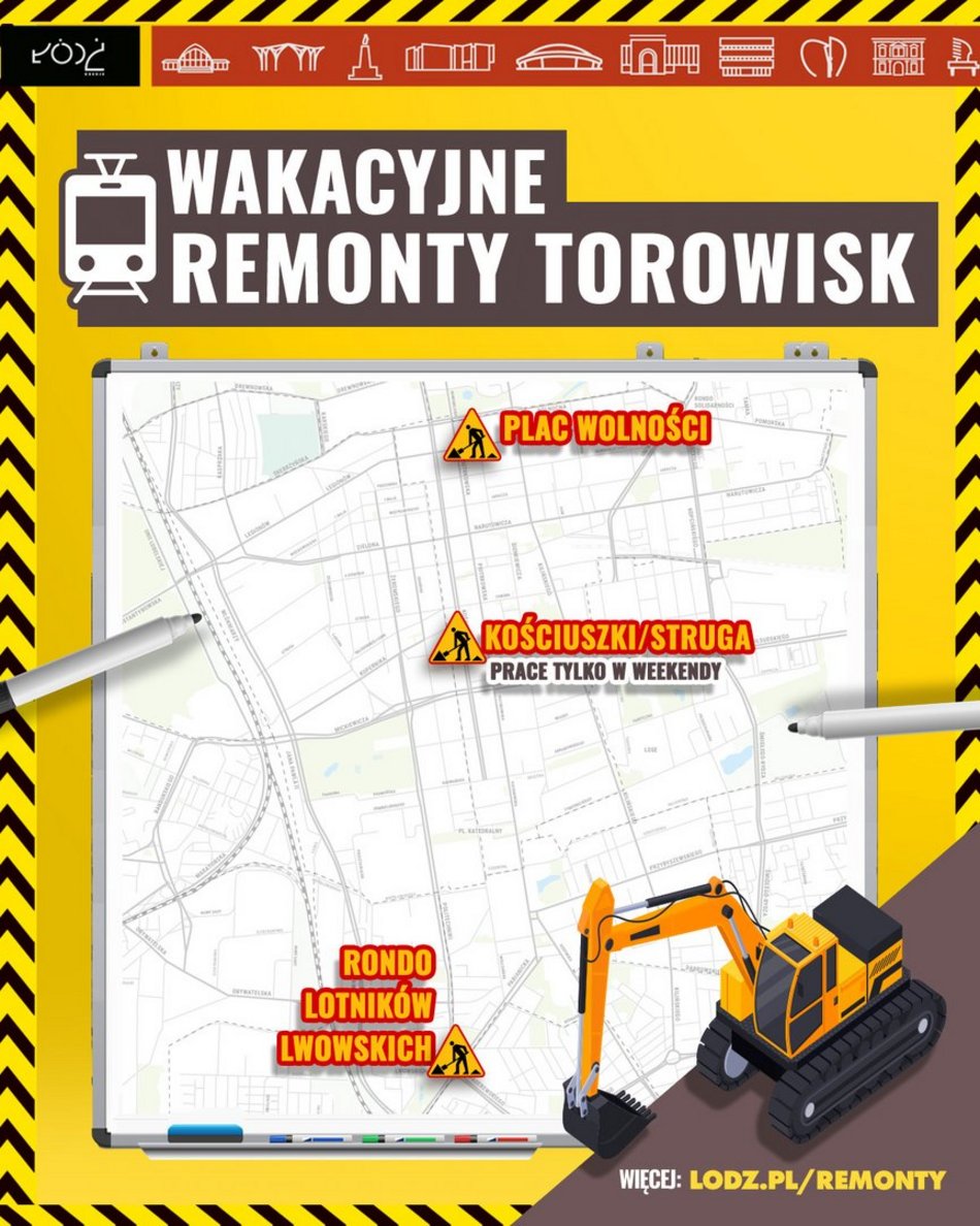 Łódź. Remonty torowisk MPK Łódź w wakacje. Zmiany w ruchu i linie zastępcze w kluczowych lokalizacjach