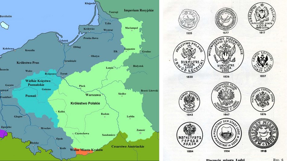 stara mapa Polski i pieczęcie Łodzi