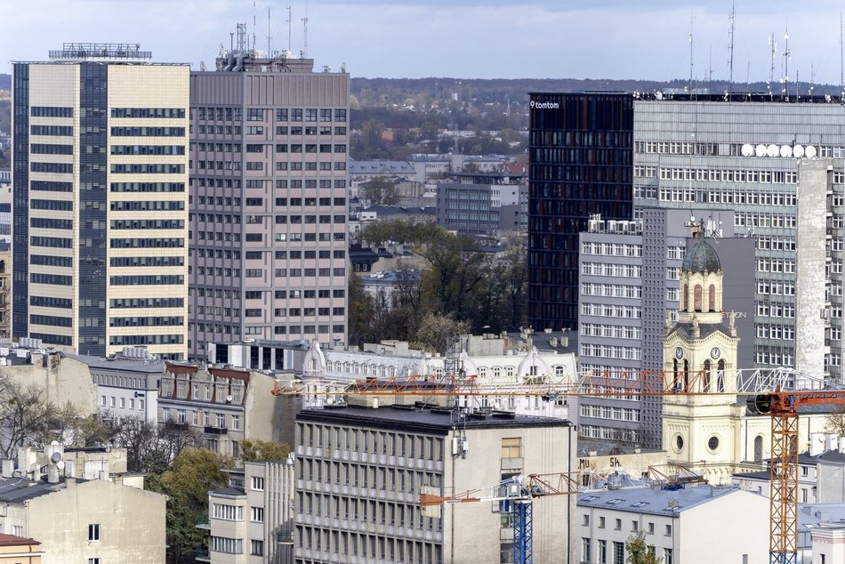 Łódź z lotu ptaka, panorama centrum Łodzi