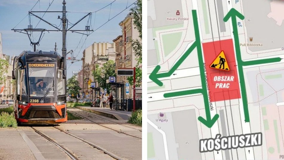 Remont torowiska na skrzyżowaniu Kościuszki i Struga. Zmiany w ruchu i MPK Łódź
