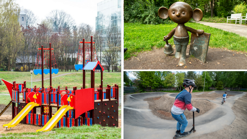 Parki w Łodzi - plac zabaw w kształcie statku nad Sokołówką, rzeźba Plastuś w parku Sienkiewicza, pump track w parku Podolskim