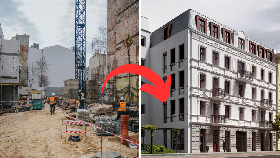 Łódź. Odbudowa zawalonej kamienicy przy Rewolucji w Łodzi. Widać już nowe ściany i piętra