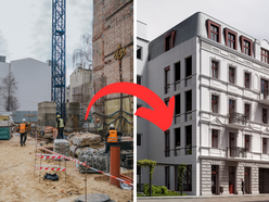 Łódź. Odbudowa zawalonej kamienicy przy Rewolucji w Łodzi. Widać już nowe ściany i piętra