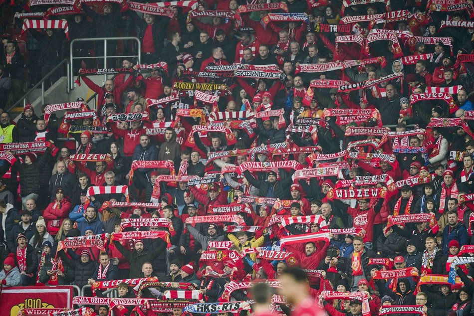 Kibice na meczu Widzewa Łódź z Jagiellonią Białystok