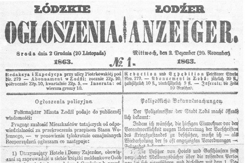 Pierwsza łódzka gazeta - „Łódzkie Ogłoszenia – Łodźer Anzeiger”