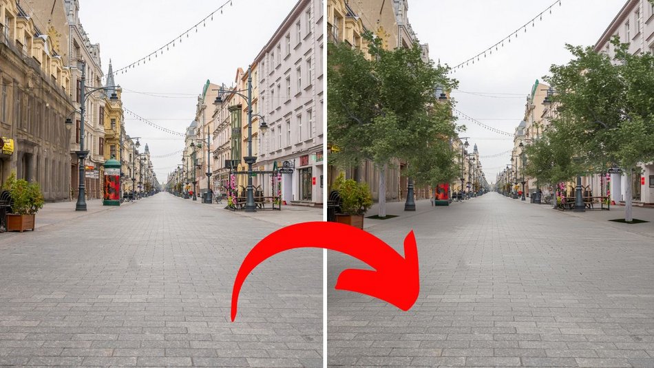 Nowe drzewa na Piotrkowskiej w Łodzi od placu Wolności