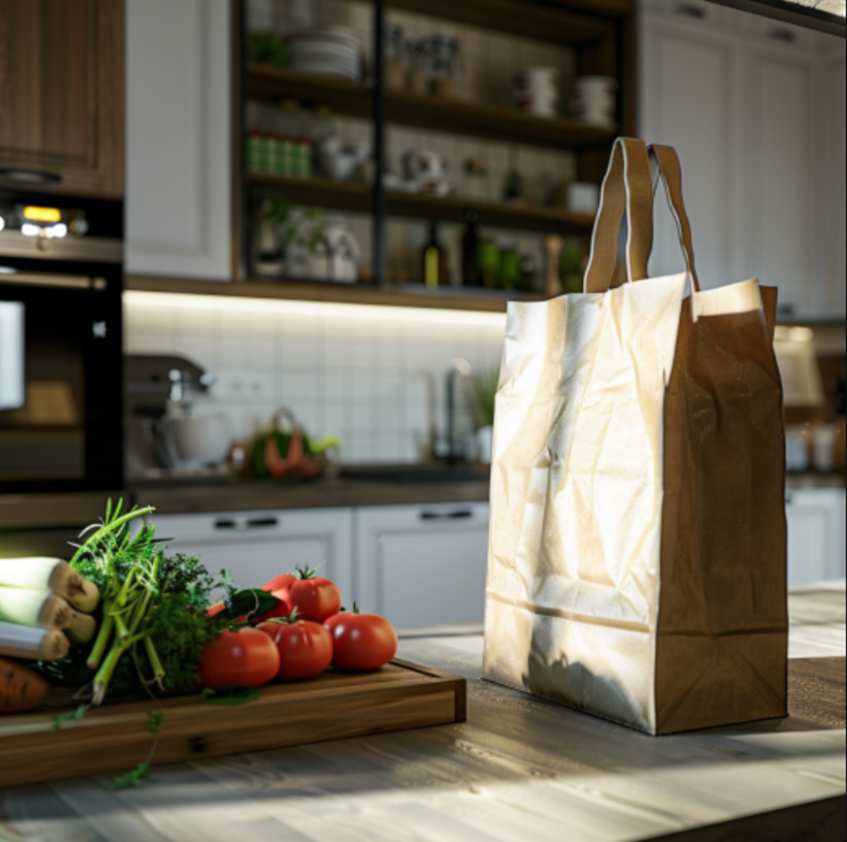 Zdjęcie przedstawia torbę z zakupami stojącą na kuchennym blacie. 