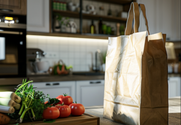 Zdjęcie przedstawia torbę z zakupami stojącą na kuchennym blacie. 