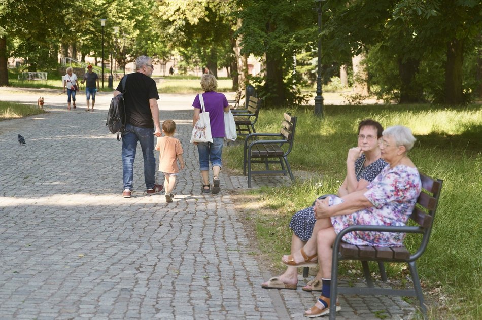 Łódź. Park Staromiejski w letnim wydaniu. Rowerzyści, dzieci i spacerowicze z pieskami