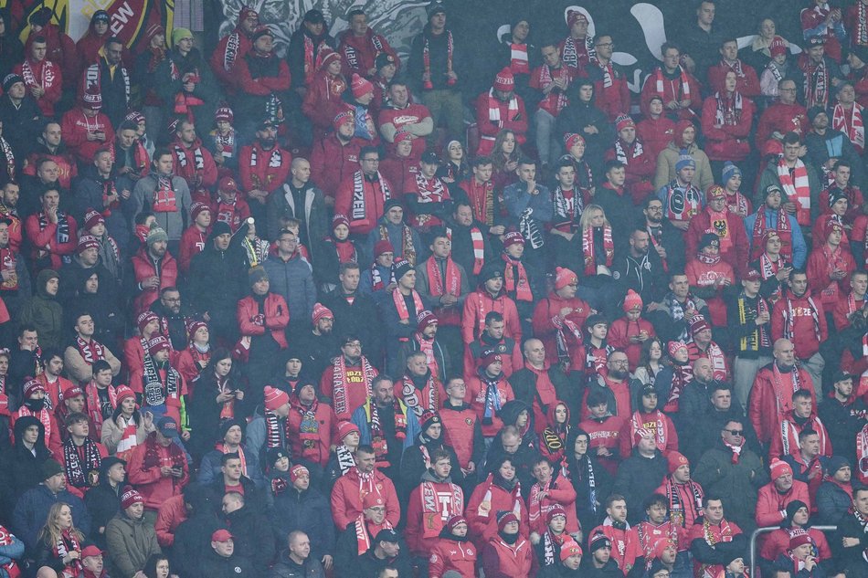 Kibice na meczu Widzewa Łódź z Jagiellonią Białystok