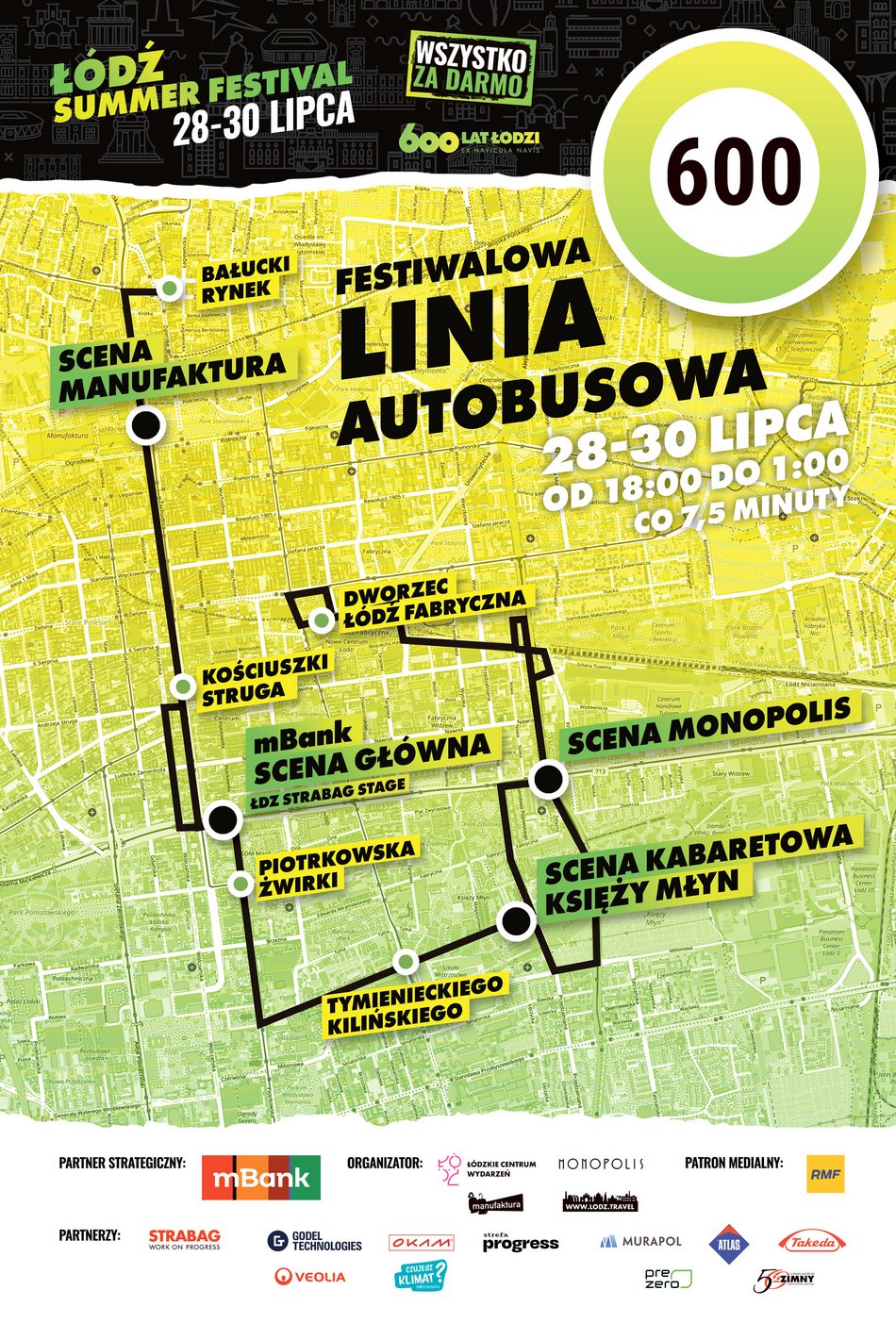 Mapa trasy specjalnej linii autobusowej na 600. Urodziny Łodzi