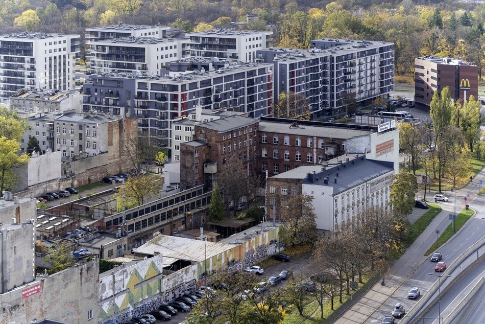 Łódź z lotu ptaka, panorama centrum Łodzi