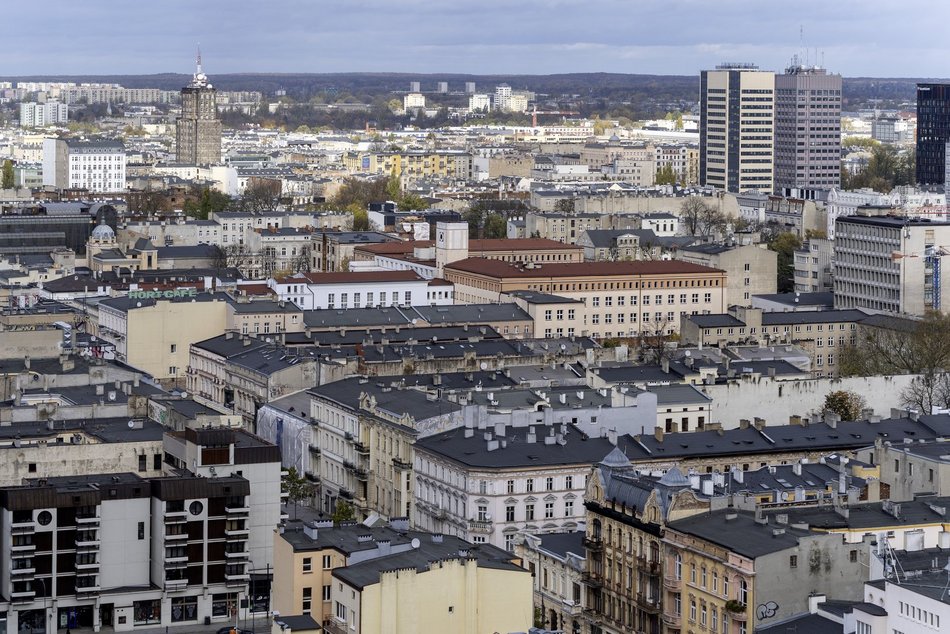 Łódź z lotu ptaka, panorama centrum Łodzi