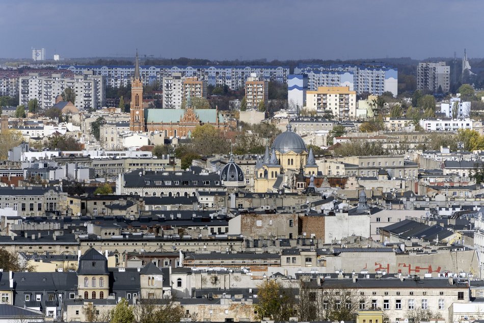 Łódź z lotu ptaka, panorama centrum Łodzi