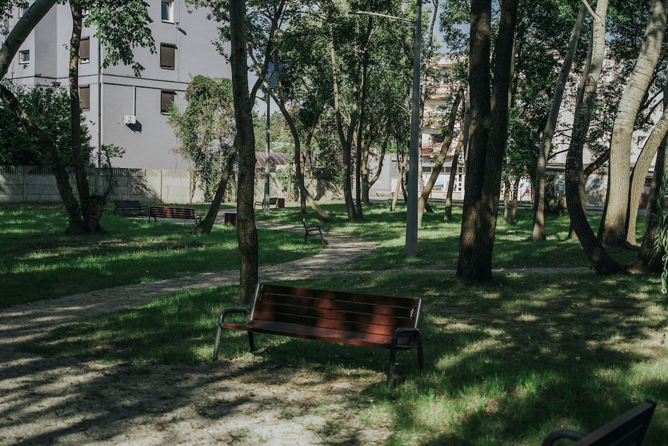 Łódź. Zielony zakątek na Radogoszczu w Łodzi. Odnowione chodniki, nowe alejki, ławki, kosze i latarnie