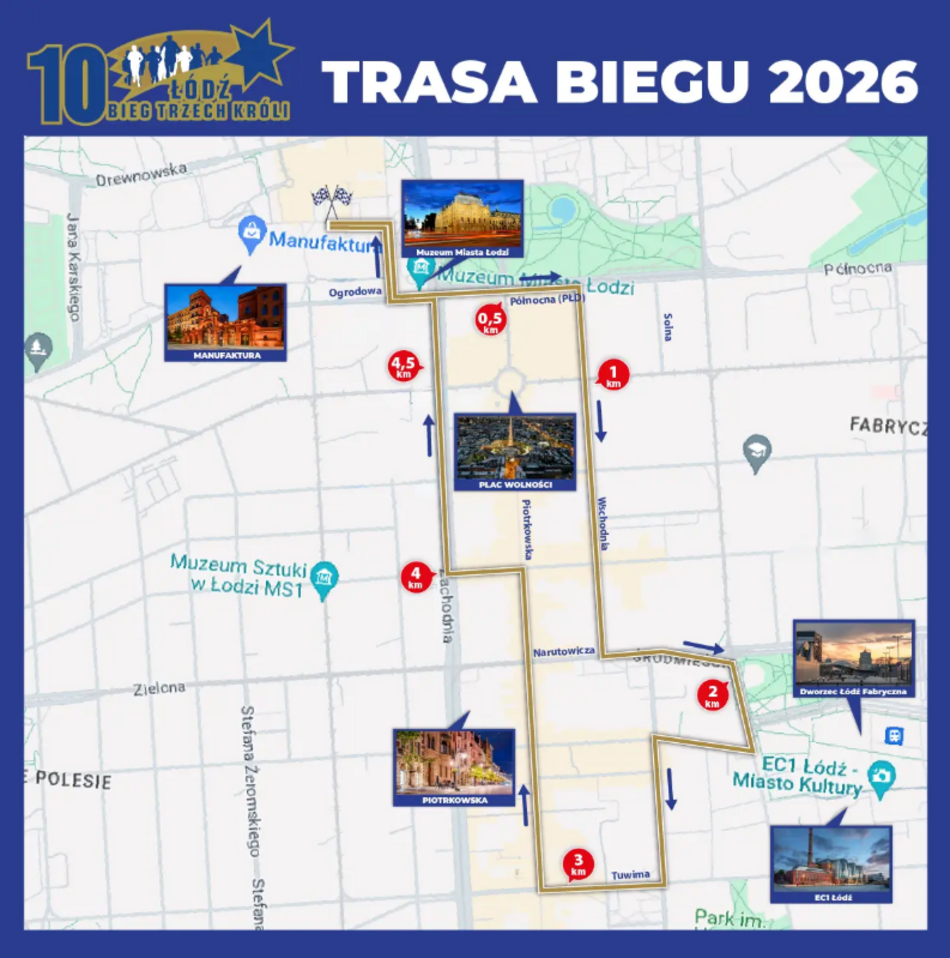 Łódź. Trasa Biegu Trzech Króli w Łodzi