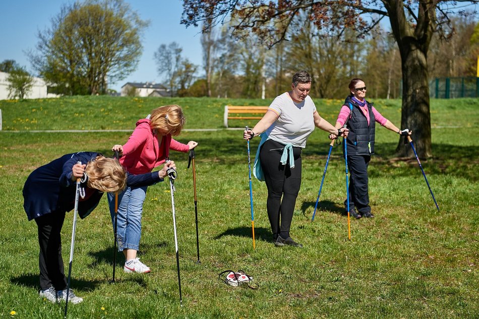 seniorzy ćwiczą z kijkami nordic walking