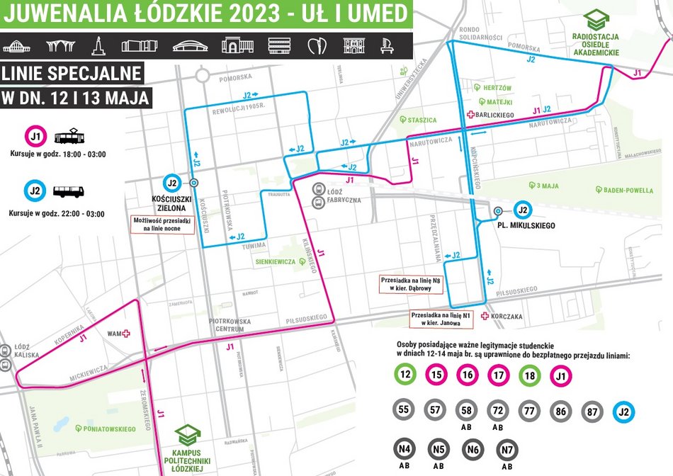 Trasy MPK Łódź podczas Juwenaliów 2023