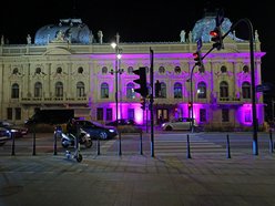 Łódź. Światowy Dzień Świadomości HPV w Łodzi. Pałac Poznańskiego w fioletowych barwach