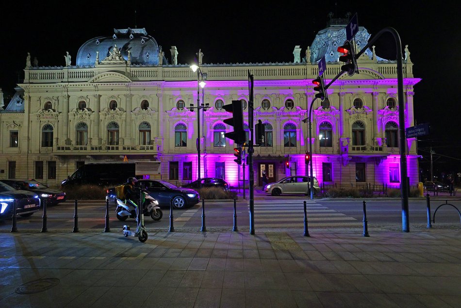 Łódź. Światowy Dzień Świadomości HPV w Łodzi. Pałac Poznańskiego w fioletowych barwach