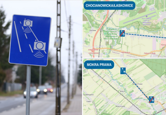 Odcinkowy pomiar prędkości w Łódzkiem - mapa, znak drogowy
