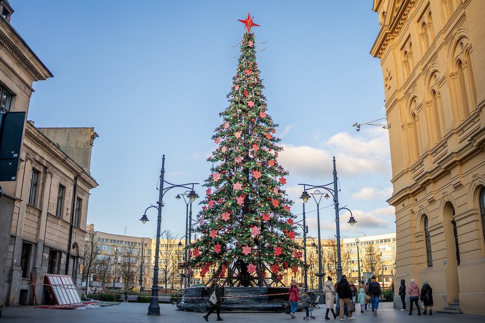 Łódź. Choinka na Piotrkowskiej prawie gotowa