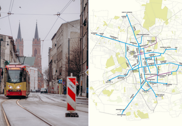Tramwaj MPK Łódź na Franciszkańskiej, mapa linii tramwajowych