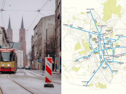 [Translate to Ukraiński:] Tramwaj MPK Łódź na Franciszkańskiej, mapa linii tramwajowych