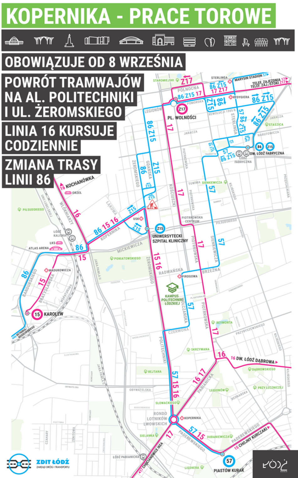 Tramwaje MPK Łódź wracają na Politechniki i Żeromskiego. Jak pojadą?