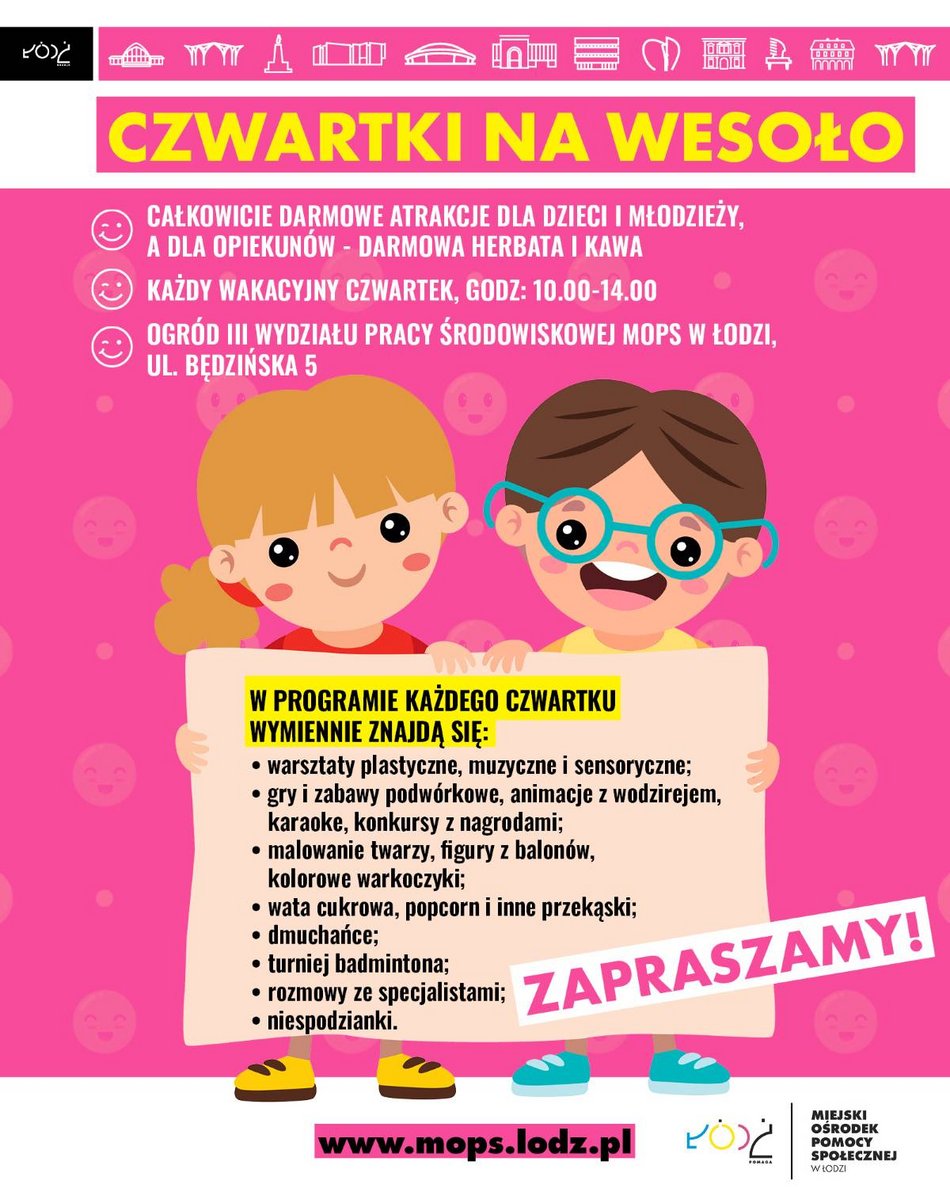 Łódź. „Czwartki na wesoło" z MOPS Łódź. Gry, zabawy, warsztaty, dmuchańce i przekąski